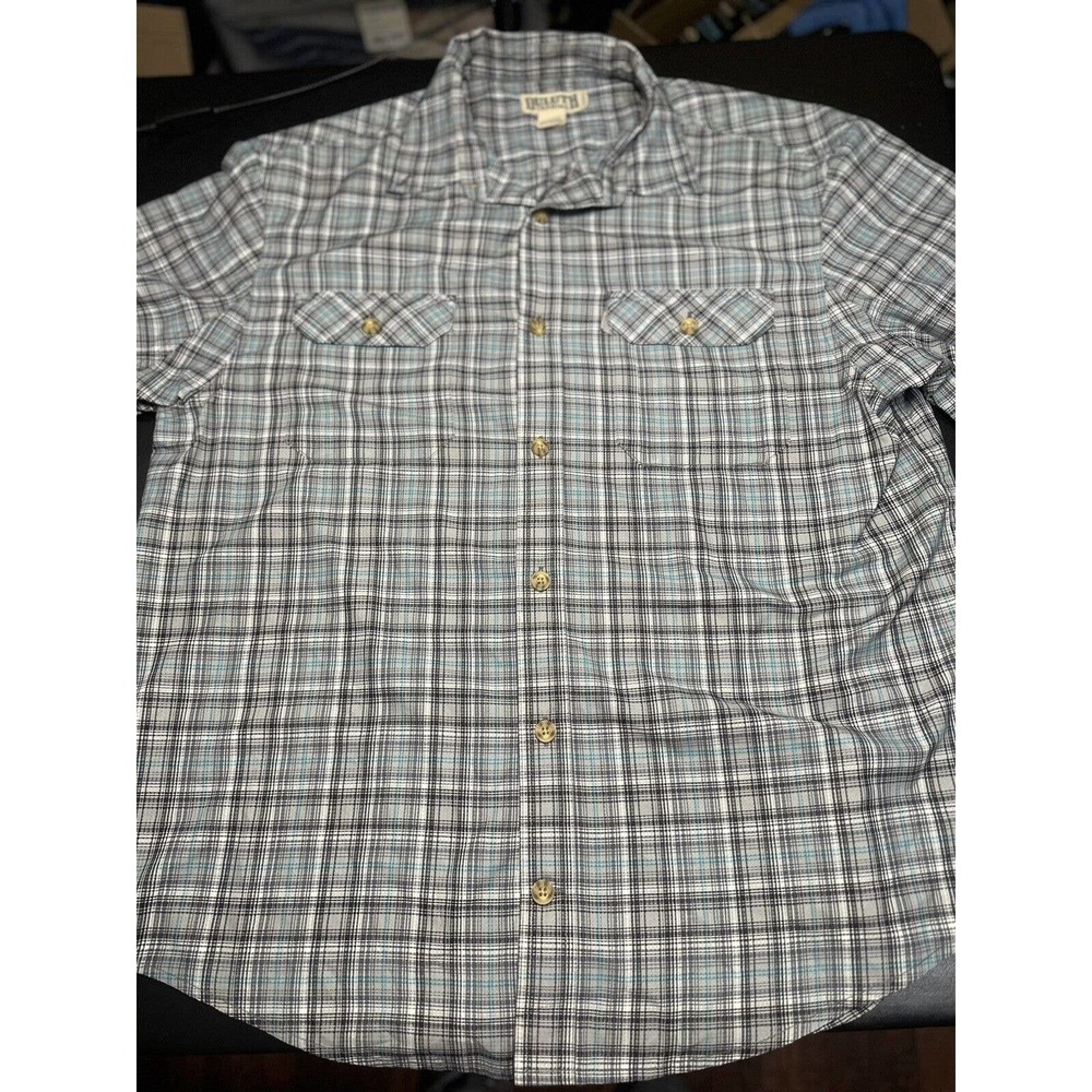 Duluth Trading Shirt Men's XL Green White Plaid Button Down Short Sleeve Pocket